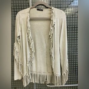 Women's Fringe Cardigan Open Front T PARTY Taupe Cream Hippie Boho Top M Medium
